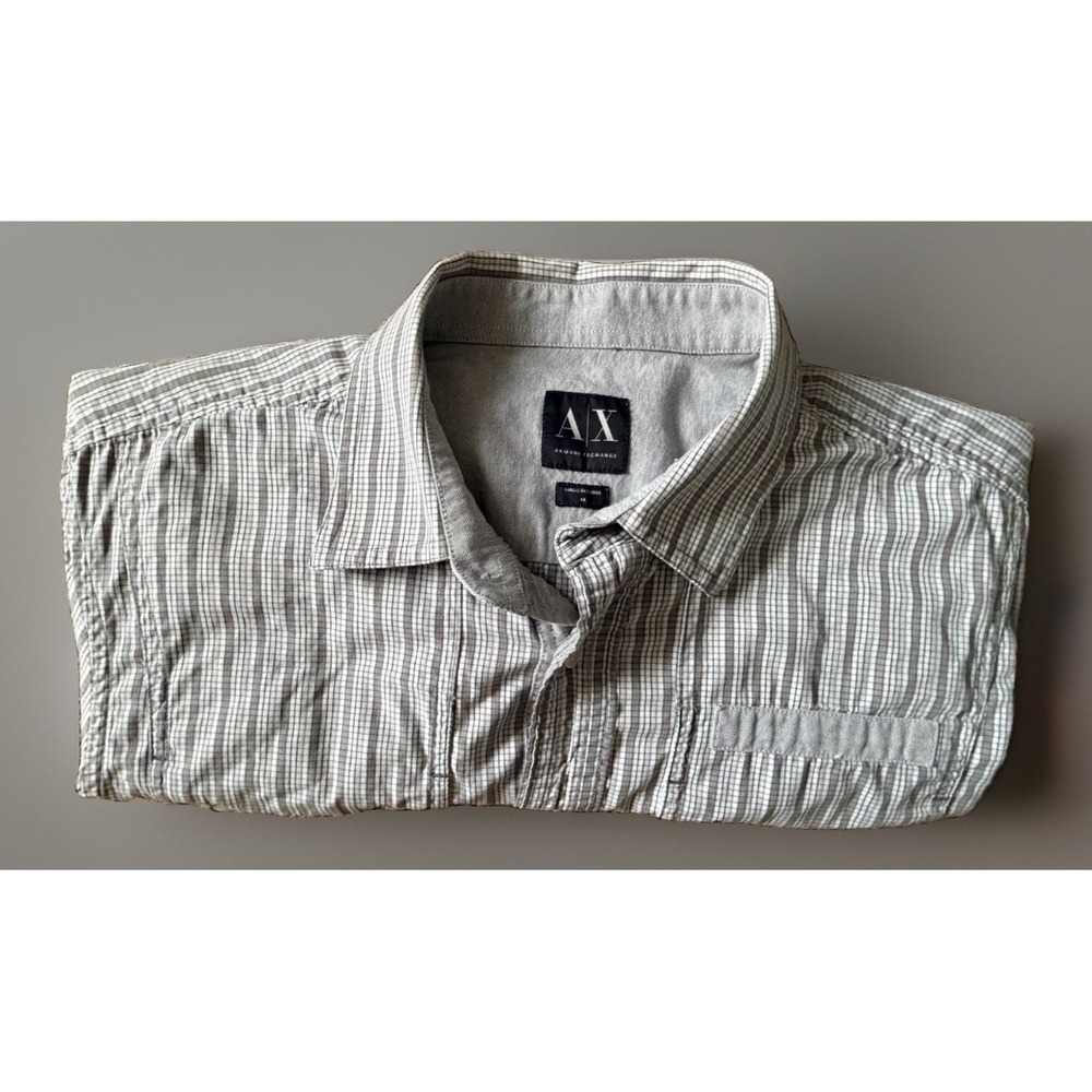 Armani Exchange Short Sleeve Button Up Shirt White Gray Check Pocket Medium JBHS - Picture 9 of 10